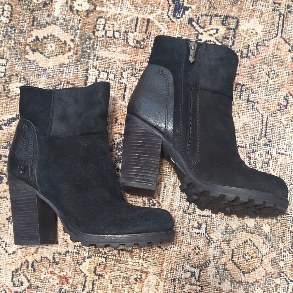 Black Heeled Boots with Chunky Heel and Treaded Sole
